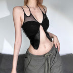Mesh knotted PU leather patchwork halter solid v neck crop top