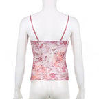 Lace flower print v neck contrast backless cami top