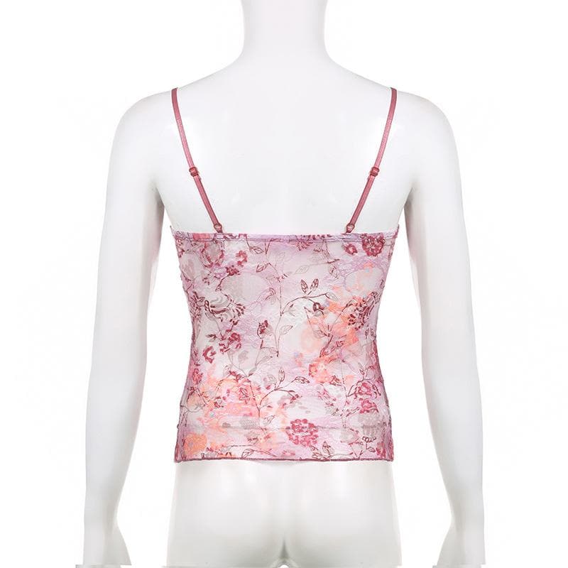 Rückenfreies Cami-Top mit Spitzen-Blumenmuster und V-Ausschnitt in Kontrastfarbe 