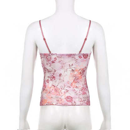 Rückenfreies Cami-Top mit Spitzen-Blumenmuster und V-Ausschnitt in Kontrastfarbe 
