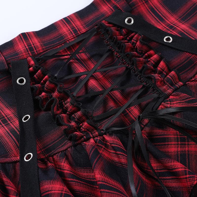 Lace hem ruffle lace up plaid smocked backless mini skirt set