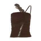 Irregular ruched lace hem solid backless top