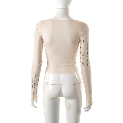 Langärmliges, durchsichtiges Crop-Top aus transparentem Netzstoff mit Kontrastdruck 