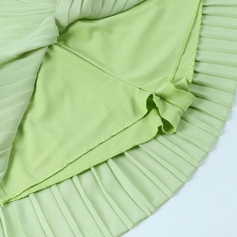Hollow out solid gloves pleated long sleeve mini skirt set - Final Sale