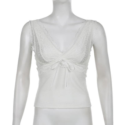 Top senza maniche con laccetti e scollo a V in patchwork di pizzo
