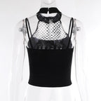 Halter backless abstract button contrast fishnet crop top