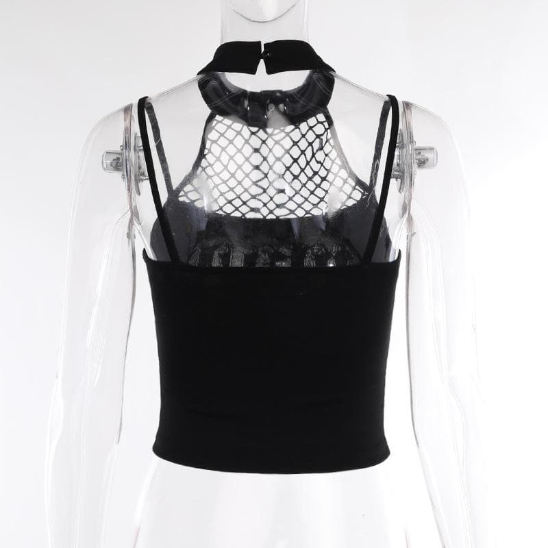 Halter backless abstract button contrast fishnet crop top
