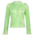 Turnover collar ribbed solid long sleeve ruffled button top - Final Sale
