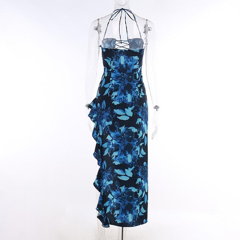 Ruffle irregular flower print lace up slit halter maxi dress