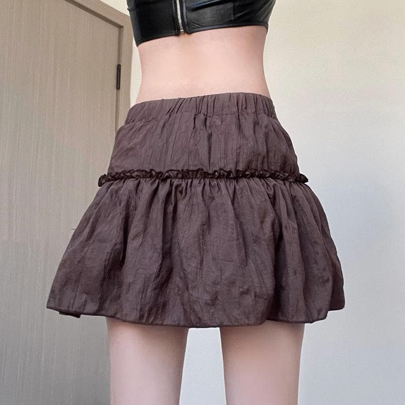 Ruffle lace up ruched self tie solid A line mini skirt