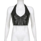 PU leather halter v neck zip-up solid backless crop top - Final Sale