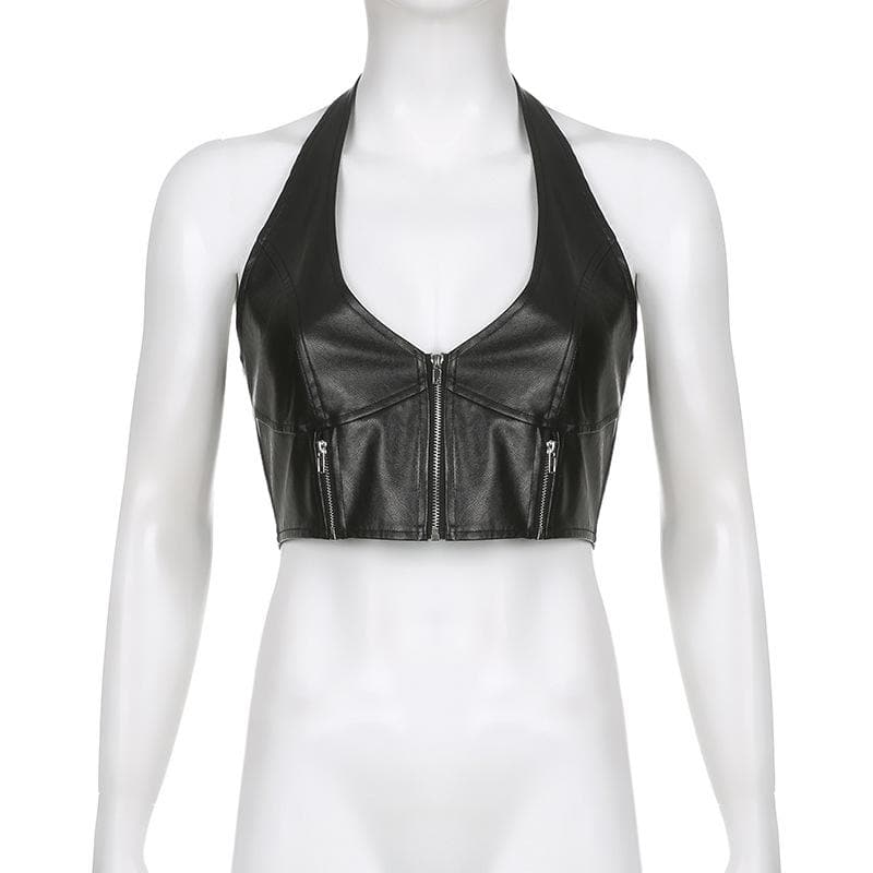 PU leather halter v neck zip-up solid backless crop top - Final Sale