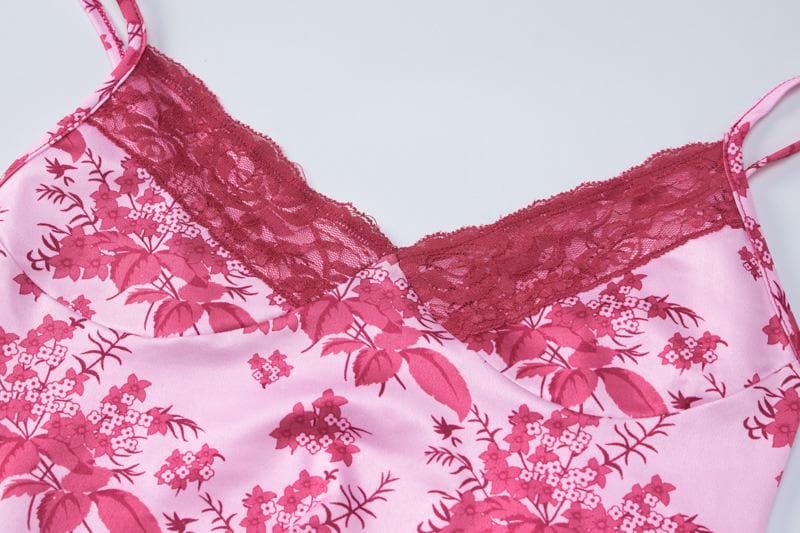 Rückenfreies Camisole-Midikleid mit Blumenmuster, Spitzensaum, V-Ausschnitt und Kontrast 