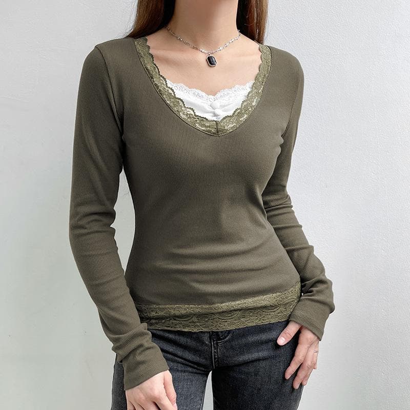 Long sleeve patchwork ribbed lace hem top - Final Sale