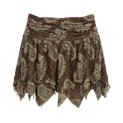Textured contrast abstract print irregular zip-up ruched mini skirt