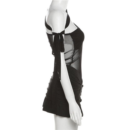 Minikleid aus Netzstoff mit unregelmäßiger Rüschenpartie und One-Shoulder-Träger