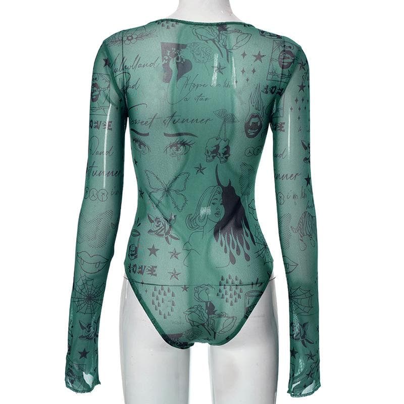 Sheer mesh see through abstract long sleeve bodysuit