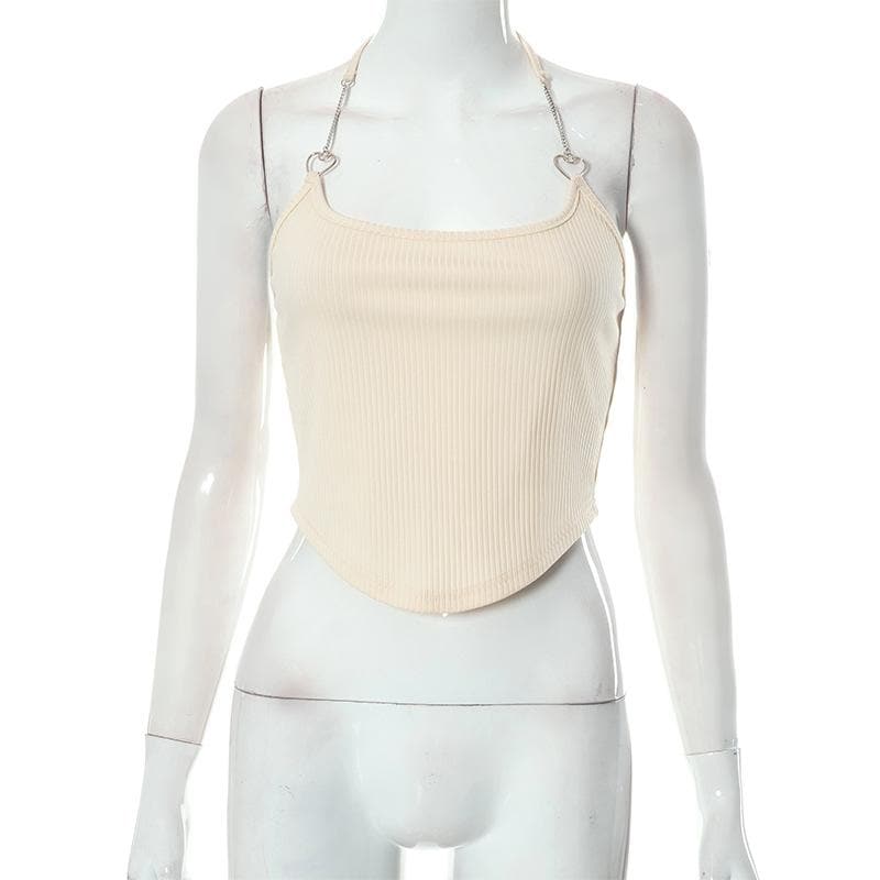 Ribbed solid metal chain halter self tie backless crop top
