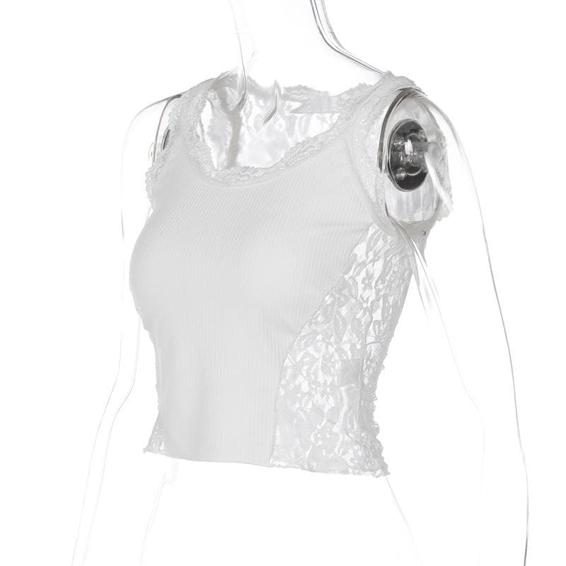 Top corto in pizzo senza maniche con scollo a U e patchwork in tinta unita 