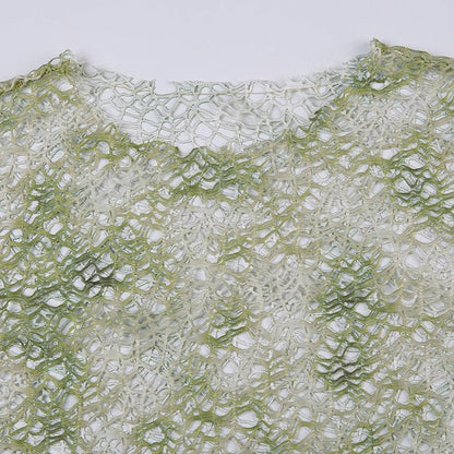 Tie dye see through fishnet hollow out long sleeve top