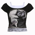 Cat pattern cap sleeve patchwork contrast top