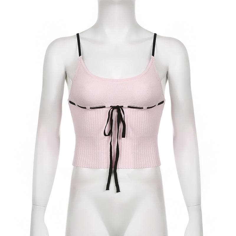Backless u neck stitch knitted contrast cami crop top