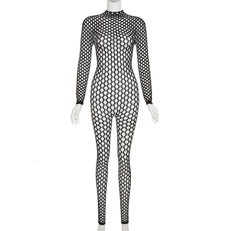 Durchsichtiger, rückenfreier Jumpsuit mit langen Ärmeln und Fischnetz-Ausschnitt 