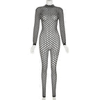 Durchsichtiger, rückenfreier Jumpsuit mit langen Ärmeln und Fischnetz-Ausschnitt 