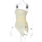 Solid ruched drawstring slit irregular tube top