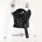 Sweetheart neck backless belt PU leather corset zip-up top