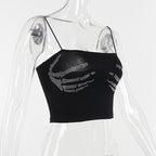 Beaded square neck backless palm pattern crop top