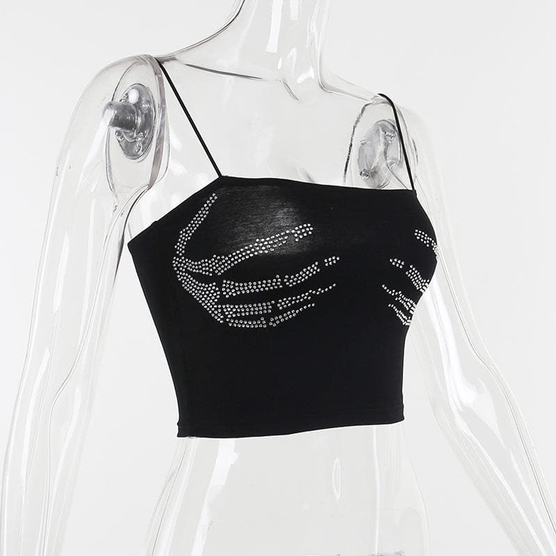 Beaded square neck backless palm pattern crop top
