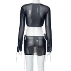 Minigonna a maniche lunghe con lacci in rete trasparente e tinta unita 