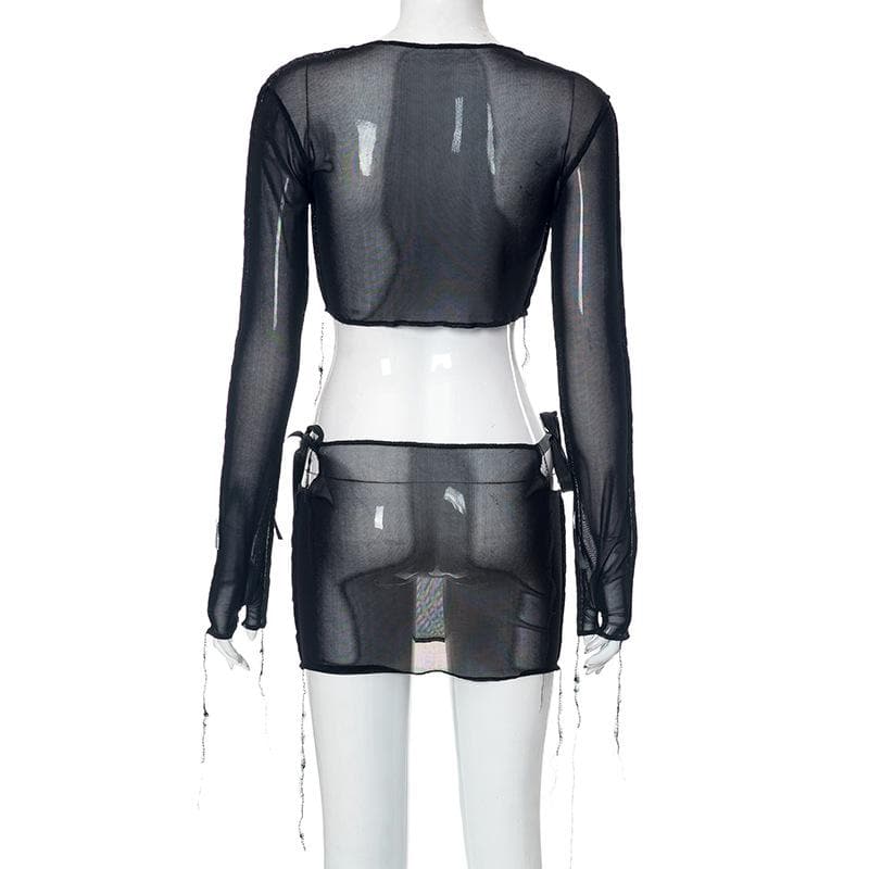 Sheer mesh see through self tie long sleeve solid mini skirt set