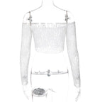 Off shoulder long sleeve lace see through solid crop top