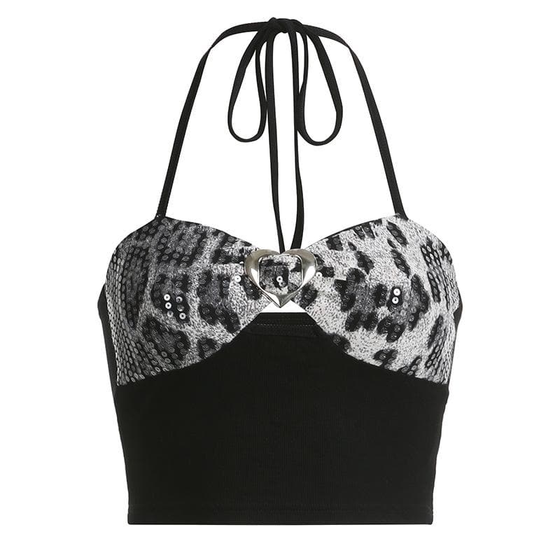 Rückenfreies Crop-Top mit Leopardenmuster und Glitzer-Neckholder und Knöpfen in Kontrastfarbe 