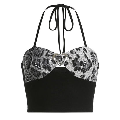 Rückenfreies Crop-Top mit Leopardenmuster und Glitzer-Neckholder und Knöpfen in Kontrastfarbe 
