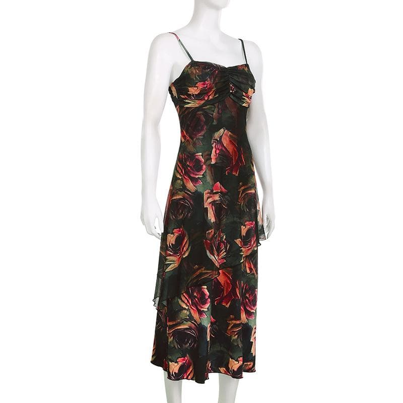Rückenfreies, unregelmäßiges Camisole-Midikleid mit Blumenmuster und Kontrastraffung 