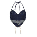 Stitch contrast buckle v neck halter lace up backless denim crop top