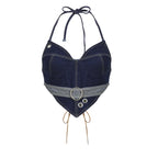 Stitch contrast buckle v neck halter lace up backless denim crop top