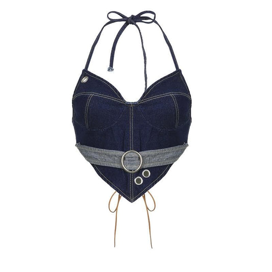 Top corto in denim con scollo a V, fibbia a contrasto con cuciture, lacci e schiena scoperta 