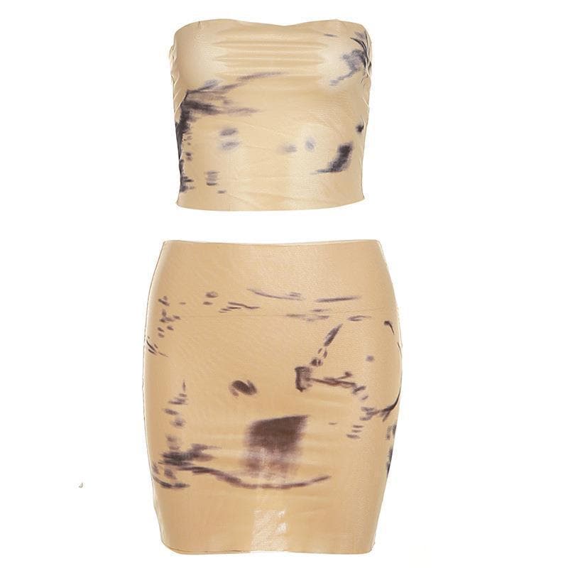 Tie dye contrast sheer mesh see through tube mini skirt set