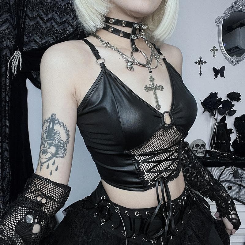 Backless v neck o ring lace up fishnet hollow out solid cami crop top