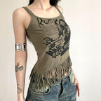 Irregular tassels sleeveless zip-up contrast print top