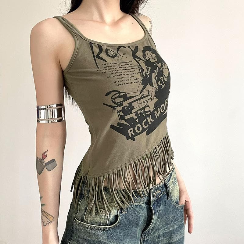 Irregular tassels sleeveless zip-up contrast print top