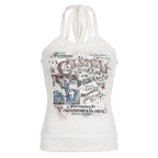 Letter print halter self tie backless contrast top