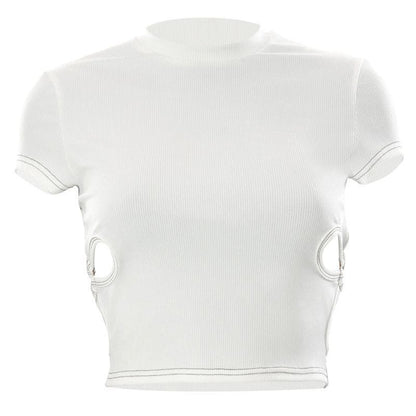 Hollow out ring crewneck short sleeve ribbed top - Final Sale