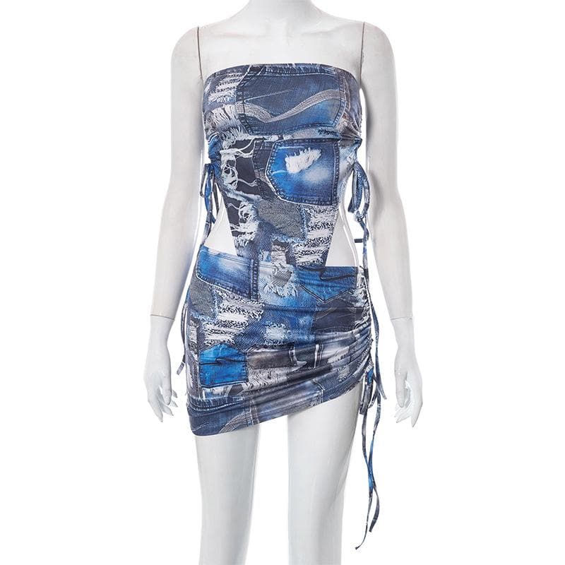 Denim print contrast drawstring self tie backless tube mini skirt set
