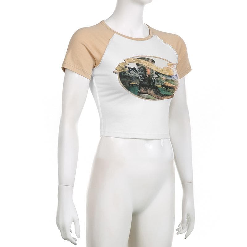 Stitch patchwork abstract contrast crewneck short sleeve crop top