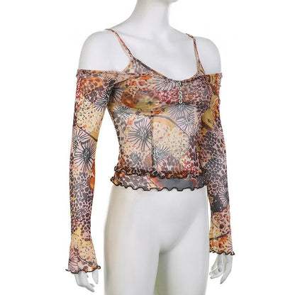 Sheer mesh button off shoulder long sleeve ruffle top